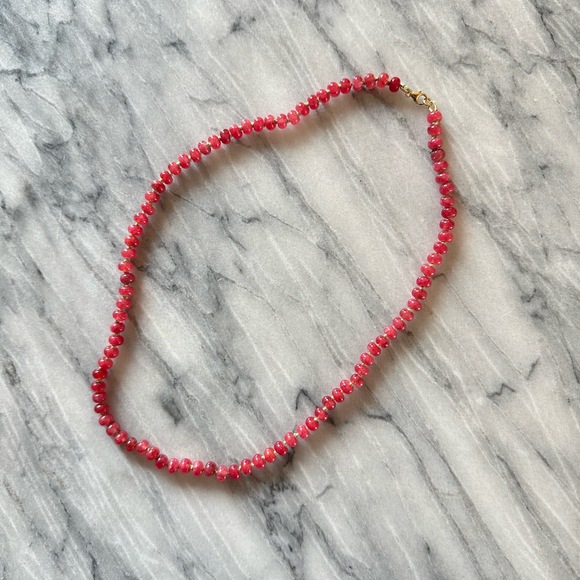 NEW Watermelon Jade Hand Knotted‎ w/Green Silk Beaded Necklace Gold Fill 19.5”